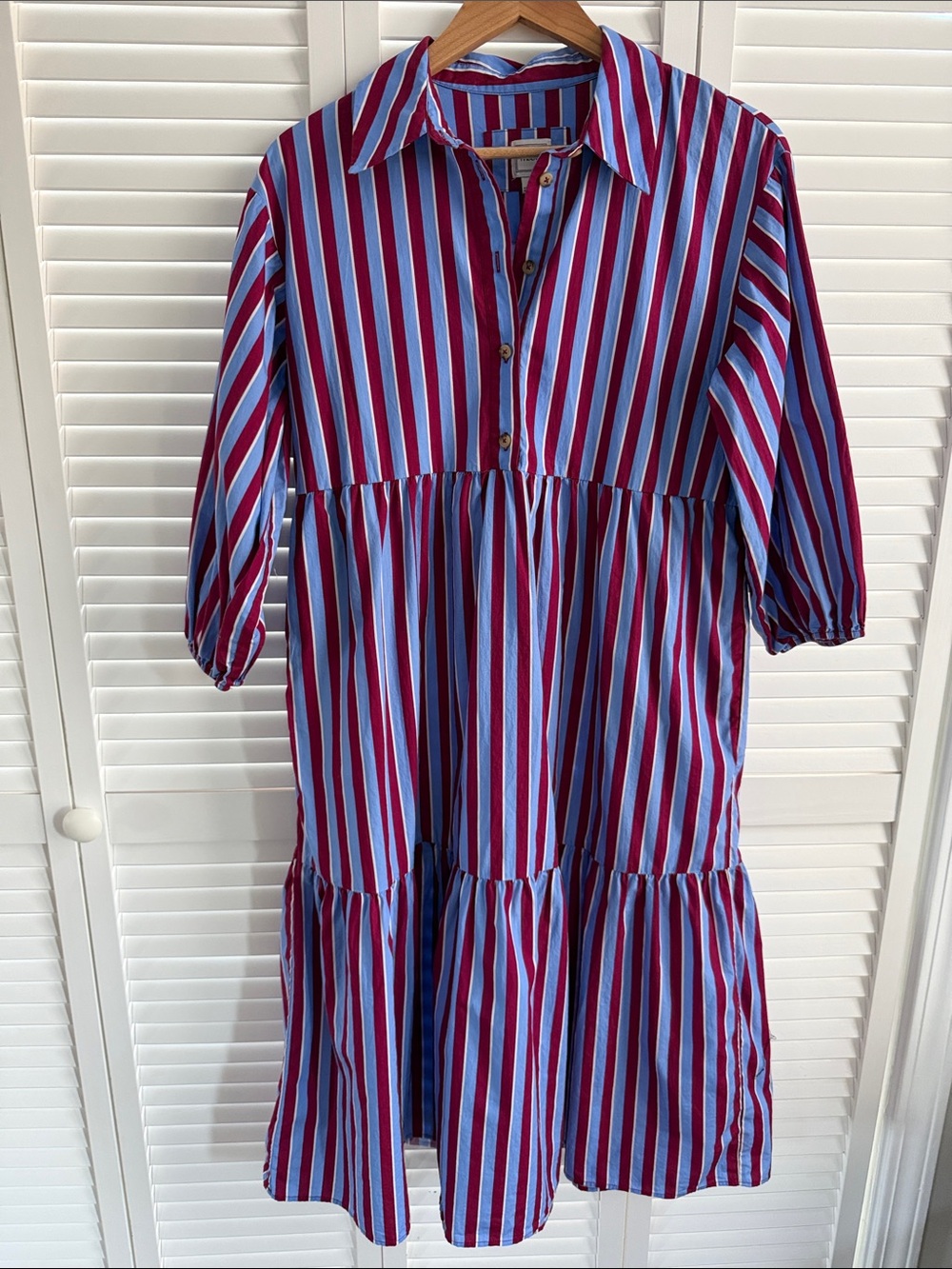 Maeve Blue and Burgundy Striped Tiered Shirt Dress